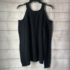 Cozy Casual Black Cold Shoulder Ribbed Knit Sweater Long Sleeves Size S/M